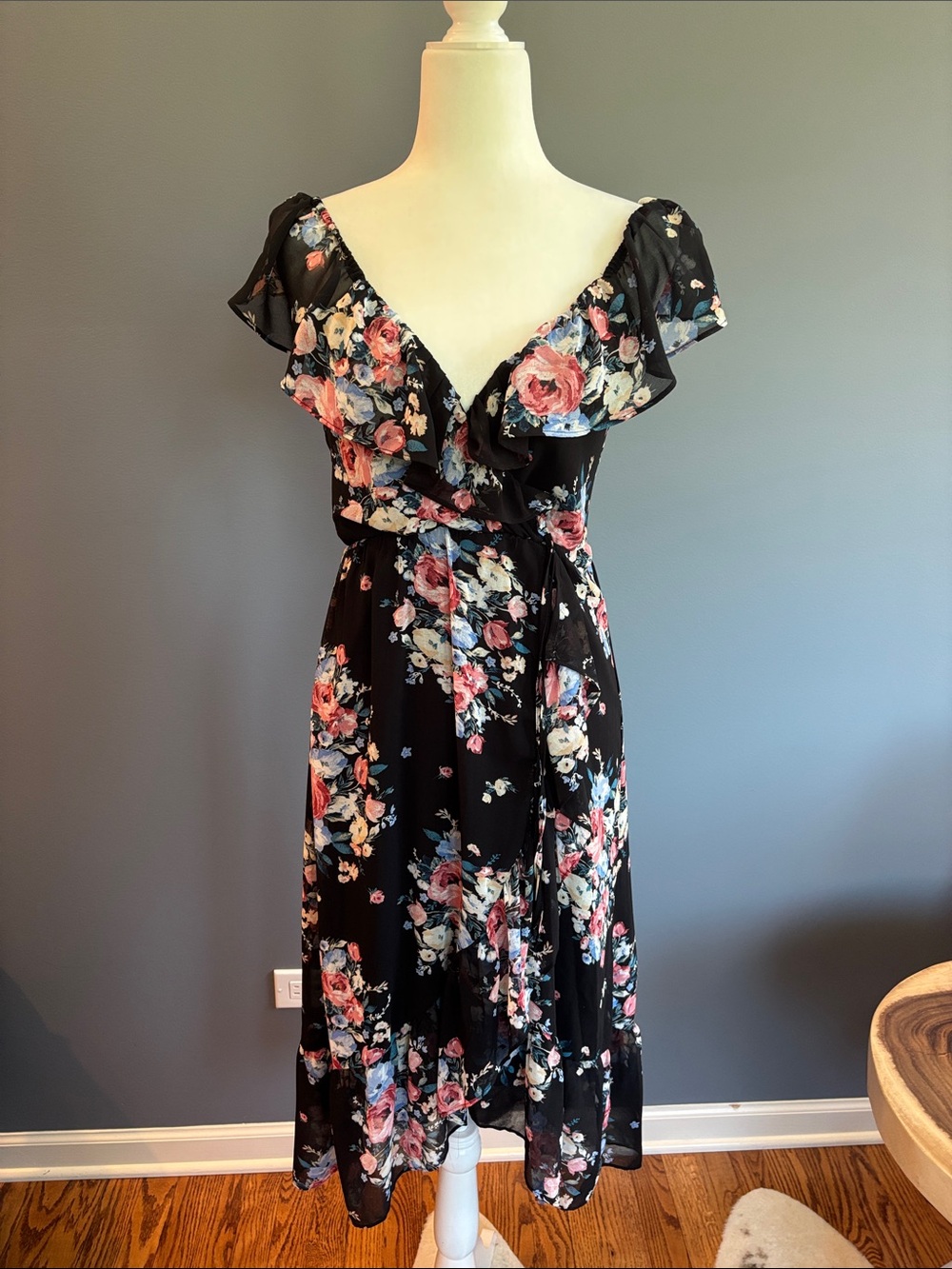 NWOT Lily Rose Black Floral Ruffle Wrap Midi Dress